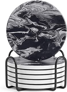 LIFVER Coasters Set of 6, Coasters for Drinks Absorbent Stone with Holder, Black Marble Style Ceramic Drink Coaster for Tabletop Protection, Coffee Table Decor Ideal for Home Decor House Warming Gifts