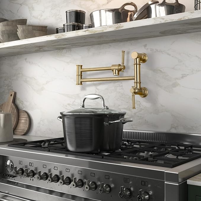 Brushed Gold Pot Filler, Lava Odoro Brass Pot Filler Faucet Two-Attachment Wall Mount Folding Kitchen Pot Filler Over Stove Pot Faucet Swing Arm, PF312-SG