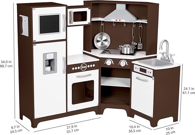 Amazon Basics Kids Corner Interactive Wooden Play Kitchen Set, Stove, Oven, Sink, Fridge and Accessories for Toddlers, Preschoolers, Children Age 3+ Years, Espresso/Gray, 39.37"L x 28.35"W x 35.04"H