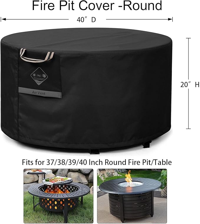 QH.HOME Fire Pit Cover Round Super Waterproof, 40inch Outdoor Round Firepit Cover 600D Strong Tear Resistant, UPF 50+ Fire Pit Covers Premium Fading Resistant for Outdoor Fire Pit - Black