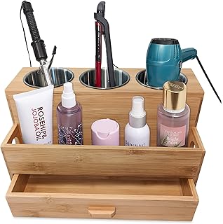 Harzen Brothers Hair Tool Organizer- Bamboo, Blow Dryer Holder, Bathroom Countertop, Vanity Caddy Storage Stand for Accessories, Makeup, Toiletries
