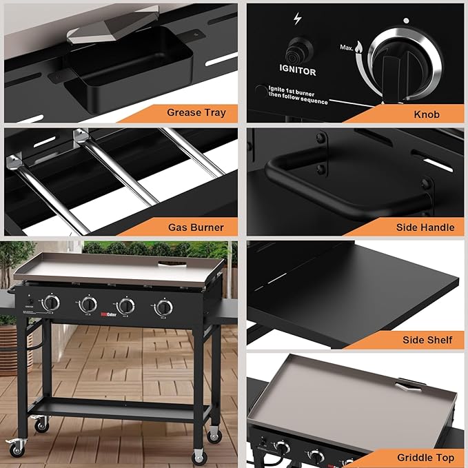 BBQCuker 4-Burner Propane Gas Griddle, 60,000 BTU Flat Top Grill with Removable Side Tables, Bottom Tray and Foldable Legs, 766 sq. in. Cooking Area, Portable Outdoor Griddle for Camping, BBQ (BLACK)