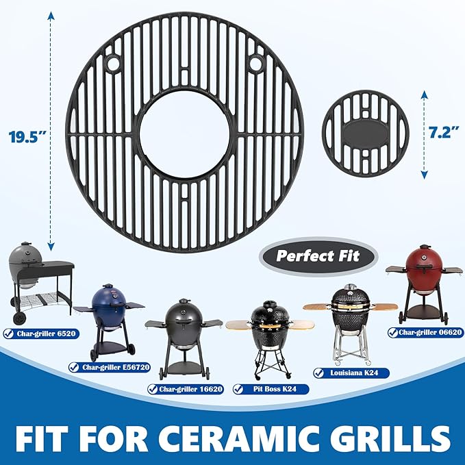 19.5" Round Grill Grate for Akorn Kamado Ceramic Grill Char Griller Akorn 16620 E56720 16820 Parts, Cast Iron Grate for Char-Griller E16620 Pit Boss K24 Louisiana Grills K24 Replacement, Firepit Grate