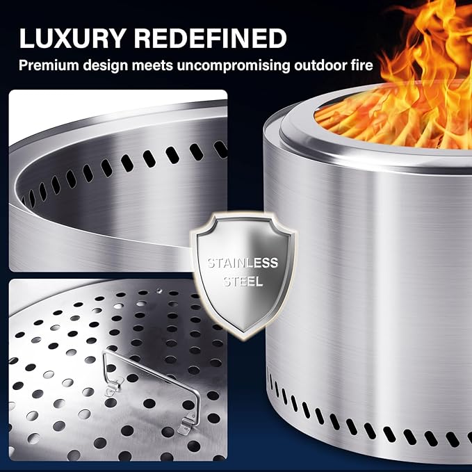 HGD 20 Inch Smokeless Fire Pit Outdoor, Stainless Steel Wood Burning Stove Firepit with Ash Pan, Portable Fire Pit for Backyard Patio Garden Picnic, BBQ Bonfire Stove
