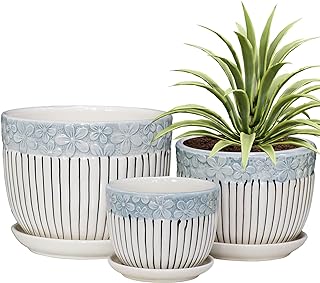 Ton Sin Grey Flower Pots, Texture Planter for Indoor Plants Set of 3 Ceramic Flower Pots with Saucer, Cute Garden Pots Succulent Pots, 6.75/5.6/4.2 Inch, Indoor Outdoor Home Garden Decor
