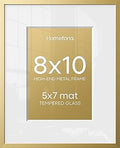 Homeforia 8x10 Picture Frame Gold, High End Metal 8 x 10 Photo Frames with Mat 5 by 7 Art, 10x8 Poster Frame Matted to 5x7 inch Print, 8by10 Wall or Tabletop Frames, Tempered Glass, Wall Kit, Set of 1
