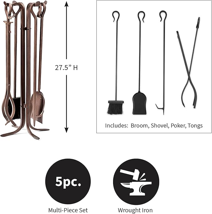 Plow & Hearth 5 Piece Hand Forged Iron Fireplace Tool Set 27.5" | Bronze Wrought Iron Handle for Outdoor Indoor | Stand Poker Shovel Brush Log Tongs Wood Stove Accessory