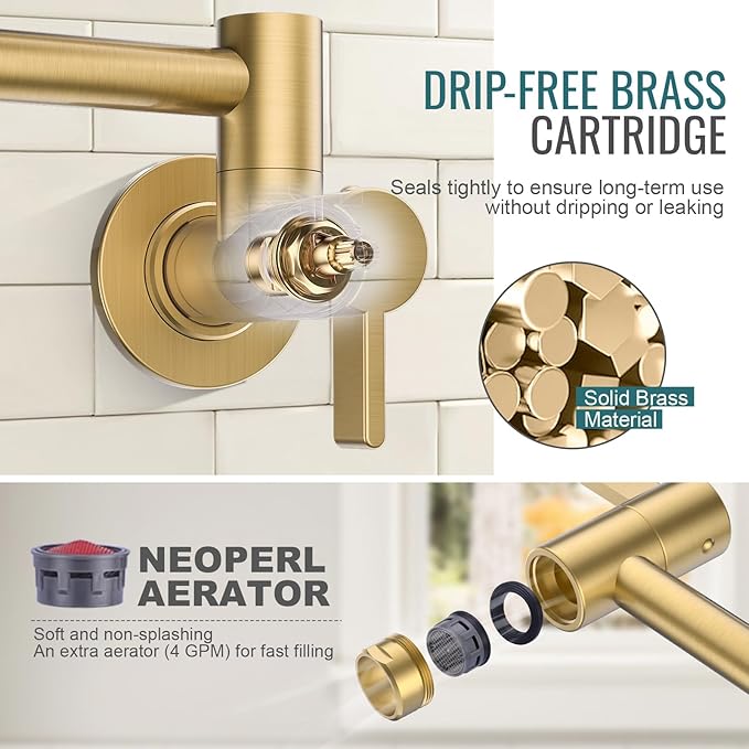 Brushed Gold Pot Filler Faucet, ARCORA Modern Pot Filler Wall Mount Folding Faucet 2 Handle with Double Joint Swing Arms Brass Stove Fixture