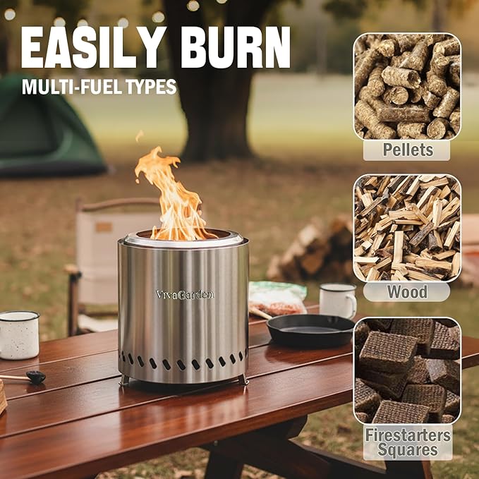 9.5 X 8.6 Inch Tabletop Fire Pit, VivaGarden Portable Firepit, Smokeless Table Top Firepit, Safe Burning Camping Stove, Fueled by Pellets or Wood, Forks, Mat & Travel Bag Included, Silver