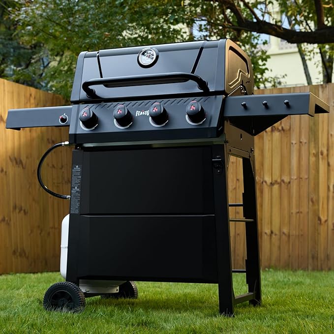 Feasto 4-Burner Propane Gas Grill, 36,000 BTU Outdoor Patio BBQ with Dual Side Tables, Porcelain-Enameled Cookbox & Porcelain-Enameled Cast-Iron Grates for Deck Parties & Patio BBQ, 559 Sq. In., Black