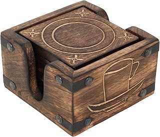 Ajuny Wooden Drink Coasters with Holder Set Burnt Wood Style Square Handcrafted Decorative Non-Slip Tabletop Protection for Any Table Type for Tea Coffee Mugs Home Decor Set of 6