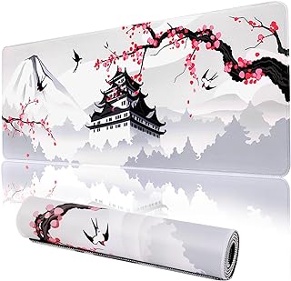 Japanese Cherry Blossom Gaming Mouse Pad 31.5x11.8in Pink Full Desk Japanese Sakura Gaming Mouse Pad Large Non-Slip Rubber Base Waterproof Big Keyboard Mat with Stitched Edges for Game Office