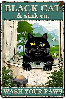 Funny Bathroom Metal Tin Sign Vintage Black Cat Art Wall Decor Quote Wash Your Paws Signs For Farmhouse Home Kitchen Office Washroom Bars Decorations 8x12 Inch