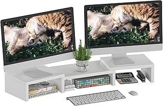 SUPERJARE Adjustable Dual Monitor Riser - Desktop Stand With Storage for Laptops, TVs, PCs and Printers - White