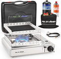 Dual Fuel Camp Stove with Butane and Propane Compatibility, 10500 BTU Portable Camping Stove with Carrying Case, Storage Bag, Adapter Hose, Wind Guard, Outdoor Camping Essentials