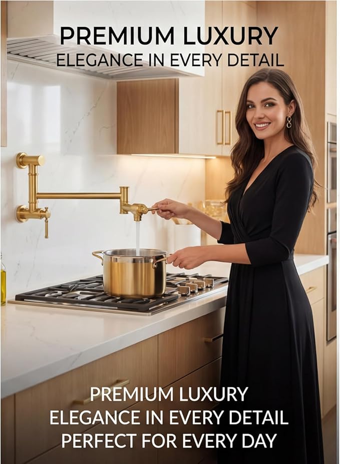 Brushed Gold Pot Filler, Lava Odoro Brass Pot Filler Faucet Two-Attachment Wall Mount Folding Kitchen Pot Filler Over Stove Pot Faucet Swing Arm, PF312-SG