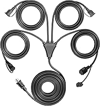Eversimpleinc Black 1 to 4 Splitter Extension Cord (Combined 46 FT, End to End 28 FT), 3 Prong Plug with 4 Extended Outlets, with Weatherproof Covers for Indoor and Outdoor