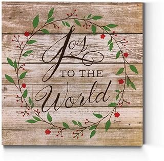 Renditions Gallery Christmas Celebration Wall Art Xmas Joy to the World on Wooden Textured Hanging Canvas for Dining Living Room Kitchen Decorations - 16"X16" LT05