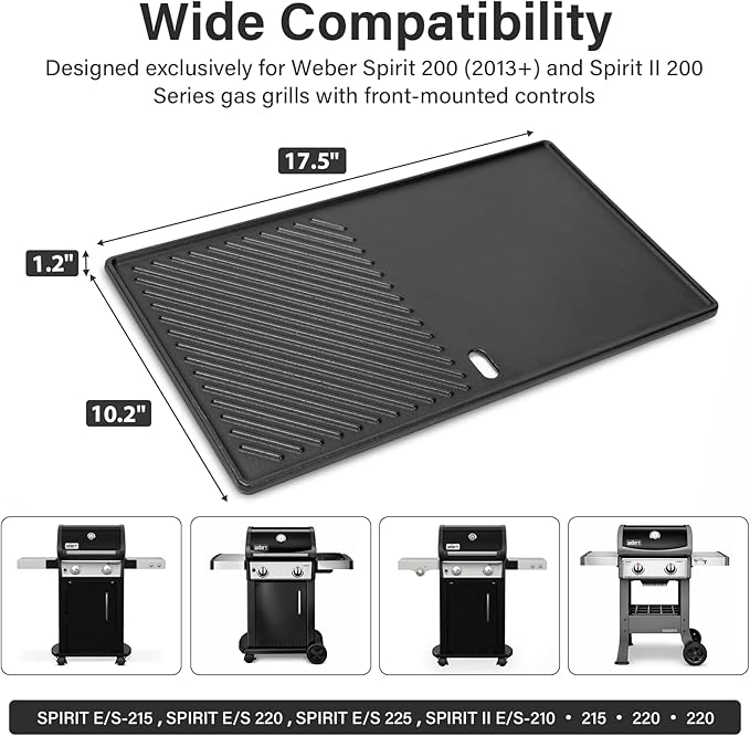 7637 17.5" Reversible Cast Iron Griddle - Replacement Flat Top Cooking Plate for Weber Spirit I & II 200 Series (E210/E220/S210/S220) with Front Controls