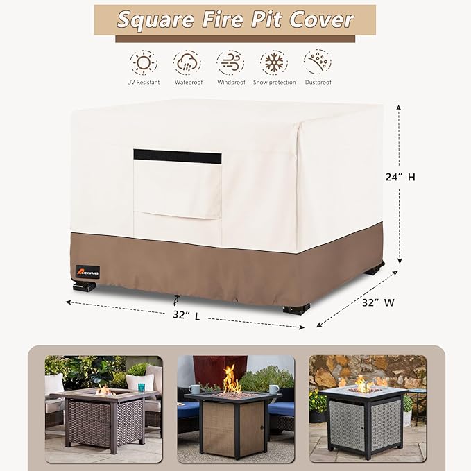 Fire Pit Cover Square, Outdoor Heavy Duty Durable 600D 100% Waterproof Tear-Resistant 30-32 Inch Fire Pit Cover, Patio Fire Pit Table Covers, Beige 32" L x 32" W x 24" H