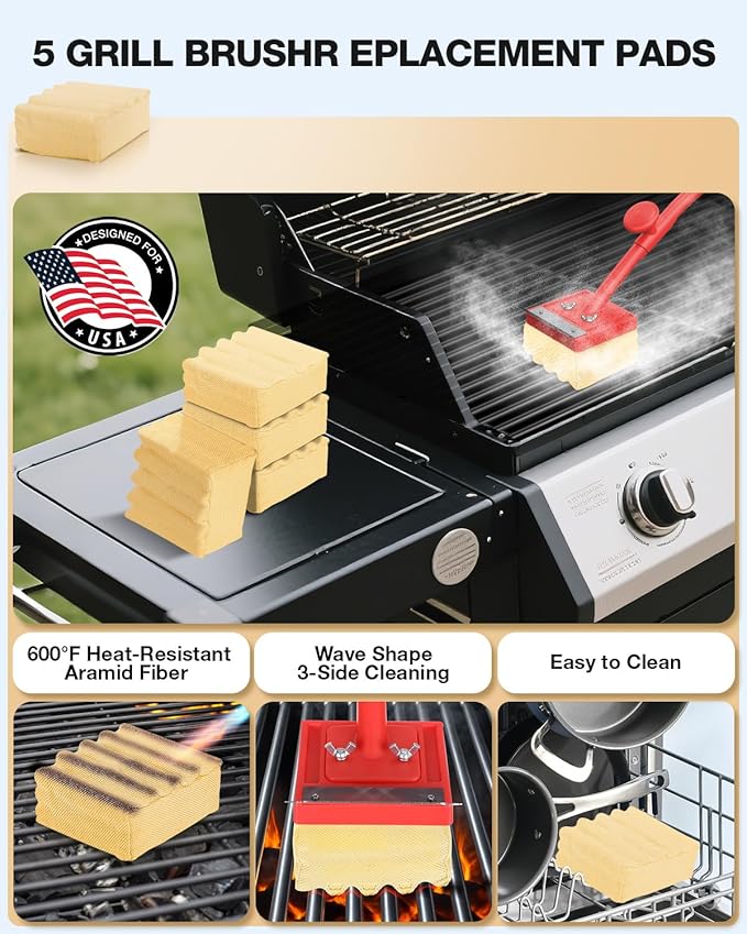 Grill Brush Bristle Free(Fire-Resistant Fabric),4 Replaceable BBQ Cleaning Head,Safe Replacement Cleaning Pad for Cast Iron or Stainless-Steel Grates (No Handle)