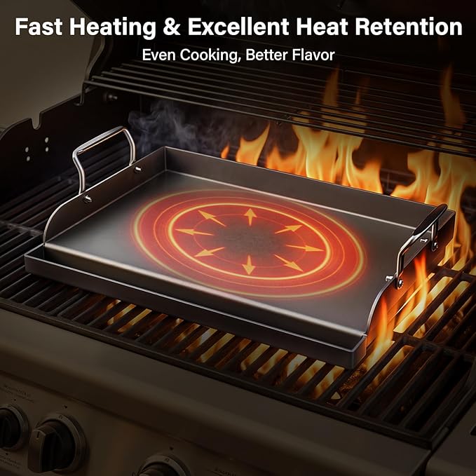 17" x 13" Cast Iron Flat Top Griddle - Oil Coating Non-Toxic - Universal Grill Insert with High Sidewalls, Fits Gas/Charcoal/Electric Grills (Weber, Charbroil, Nexgrill, More)