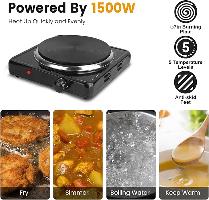 7” Electric Single Burner, 1500W Portable Stainless Steel Countertop Hot Plate Stove Cooktop with Non Slip Rubber Feet for RV/Home/Camp, 5 Temperature Adjustments