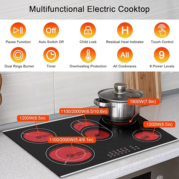 Karinear 30 Inch Electric Cooktop 30 Inch 5 Burners Electric Stove Ceramic Cooktop, Drop-in Radiant Stovetop with Front and Back Metal Frame, Lock, Timer, 8400W, 220-240V, Hard Wire, No Plug