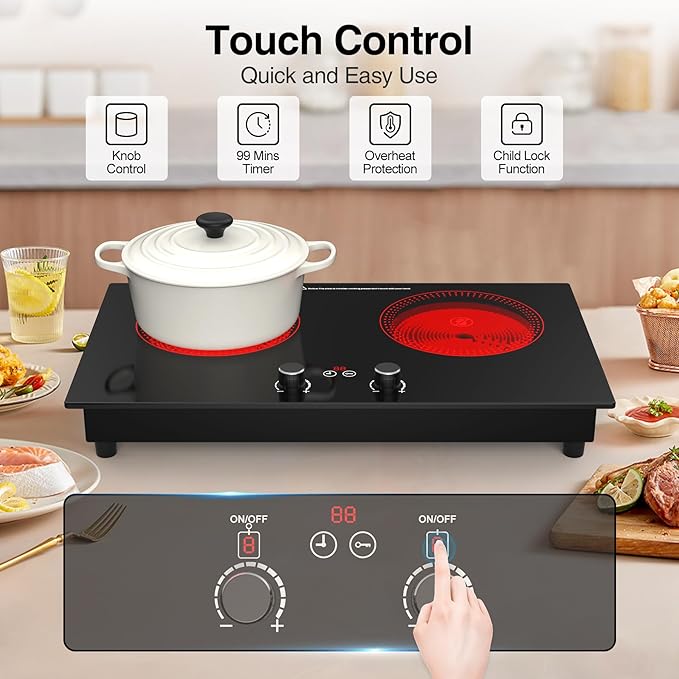 2 Burner Ceramic Cooktop, 2400W 110V Built-in or Countertop Electric Cooktop with Touch Screen & Knob Control, 10 Heat Settings, Child Lock, Timer, Overheat Protection.