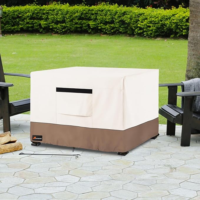 Fire Pit Cover Square, Outdoor Heavy Duty Durable 600D 100% Waterproof Tear-Resistant 42-44 Inch Fire Pit Cover, Patio Fire Pit Table Covers, Beige 44" L x 44" W x 24" H