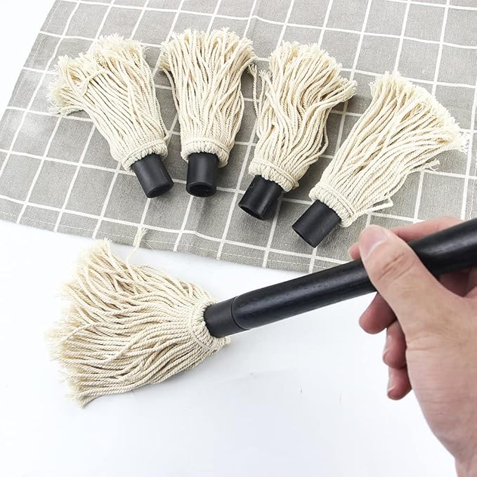 Grill Basting Mop, YFWOOD 18 Inch Grill Basting Brush BBQ Mop Black Wooden Long Handle with 4 Extra Replacement Heads for Grilling Smoking Barbecue Steak