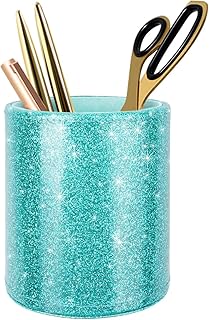 Glitter Pen Holder Pencil Organizer, Cute Pencil Cup Desk Decor, Decorative Makeup Brush Holder Large, Leather Multi-Functional Organizer Cup for Office, Home, Classroom, Blue+Green