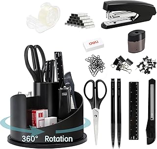 deli Office Supplies Set, 1045 Pcs-Desk Accessory Organizer Kit, Stapler Set, Rotating Multi-Functional Pen Holder, Tape Dispenser, Pens, Binder Clips, Sharpener, Scissor, Eraser, Black