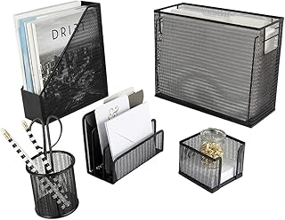 BLU MONACO Black Desk Organizer Set | 5-Piece Metal Office Supplies Collection with Hanging File Organizer, Magazine Holder, Pen Cup, Sticky Note Holder & Letter Sorter | Workspace Organization