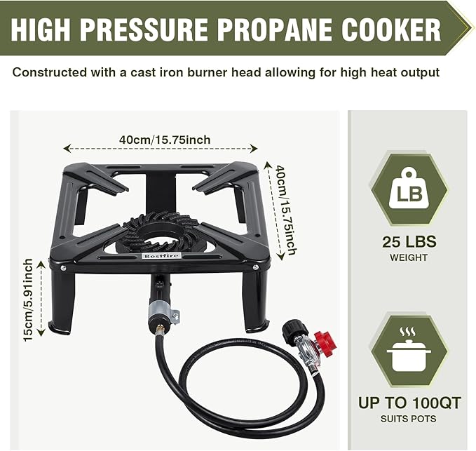 Bestfire High Pressure Propane Burner, 260000 BTU Single Propane Stove with 4.1ft 0-20Psi Adjustable Hose with Regulator, 16" Square Steel Cooktop for Camping