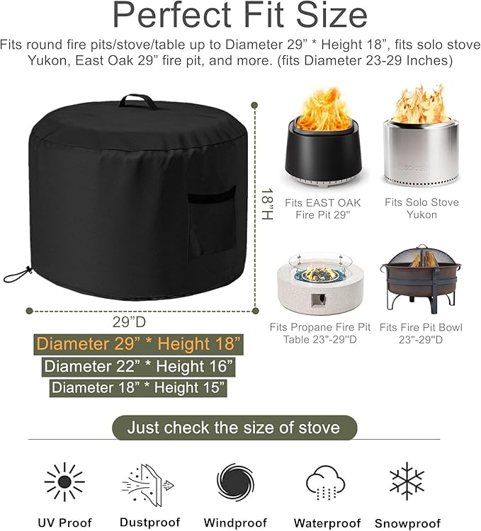 Smokeless Fire Pit Cover Round Outdoor, Falezern Large Stove Bonfire Shelter Cover Waterproof and Windproof, Stove Shelter Cover Compatible with Solo Stove Yukon and more. 29"D X 18"H (L)