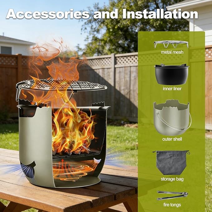 Backpacking and Camping Stove, Portable Stainless Steel Wood Burning Stove, Tabletop Fire Pit with Travel Bag, Resistant to Heat, Bending, Dropping for Outdoor, Hiking, Picnic - Sage Green