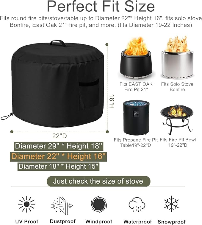Round Smokeless Fire Pit Cover for Stove Bonfire, Falezern Stove Bonfire Shelter Cover Outdoor Waterproof, Dustproof and Windproof, Compatible with Solo Stove and more, 22"D X 16"H (M)