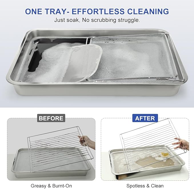 LANMU Stainless Steel Oven Rack Cleaning Tray, Large Capacity Soaking Tray for Grill Grates, Roasting Pans, Cooling Racks, Air Fryer Parts and More, Reusable & Leak-proof Oven Shelf Cleaning Tool