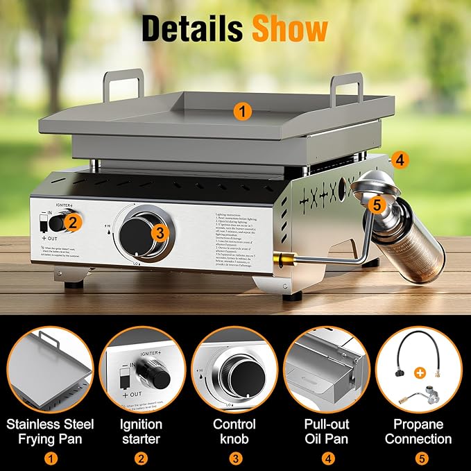 Electactic Stainless Steel Tabletop Grill,18 Inch Portable Propane Grill Griddle with Handle,8000 BTU Flat Top Grill for Camping, Outdoor & Tailgating Barbecue