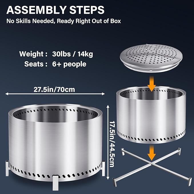 HGD 28 Inch Smokeless Firepit, Large Stainless Steel Fire Pit, Wood Burning Firepit for Patio Garden Picnic