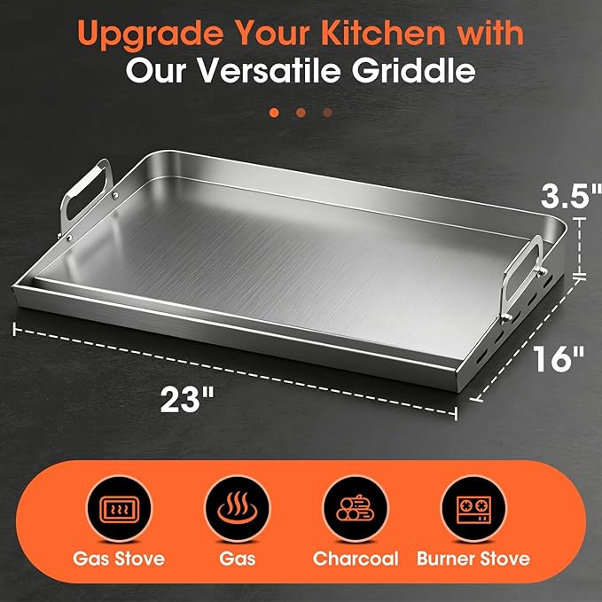 EUTRKei 23" x 16" Heavy-Duty Stainless Steel Griddle for Gas Grill & Stove Top - Reinforced Flat Top with Grease Groove, Effortless Cleanup for Backyard BBQ, Tailgating, Camping & Family Parties