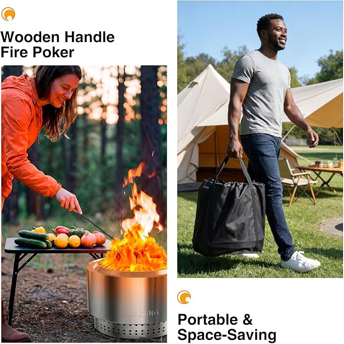 20 Inch Smokeless Fire Pit with Removable Ash Pan, Fire Pits for Outside Wood Burning, Portable Bonfire Outdoor Firepit, Bag & Poker Included, Stainless Steel, Camping Backyard (9KG) (No Legs)