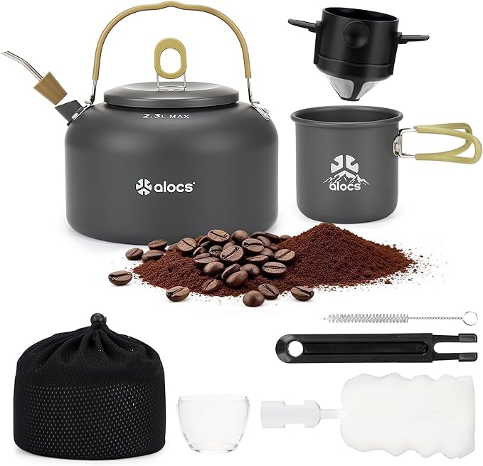 Alocs 2.3L Camping Coffee Pot Outdoor Coffee Maker Set, Hard Anodized Aluminum Camping Kettle with Pour Over Coffee Kit, 12oz Mug & Precision Spout, Portable Backpacking Gear for Campfire & Gas Stove