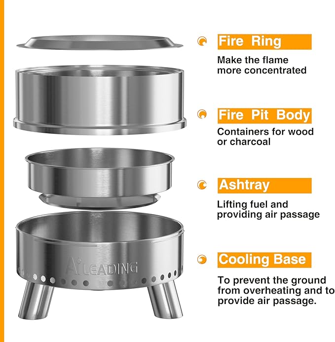 20 Inch Smokeless Fire Pit with Removable Ash Pan, Fire Pits for Outside Wood Burning, Portable Bonfire Outdoor Firepit, Bag & Poker Included, Stainless Steel (Silvery- with Legs-Fire Pit)