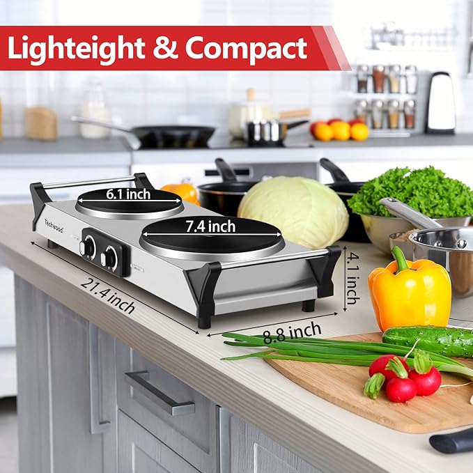 Hot Plate, Techwood 1800W Portable Electric Stove for Cooking Countertop Dual Burners with Adjustable Temperature & Handles, 7.5” Cooktop for Home/RV/Camp, Compatible for All Cookwares, Silver