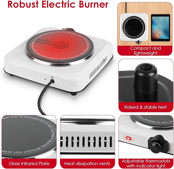 Electric Infrared Dual Burner, Portable Heating Hot Plate Stove Countertop RV Hotplate Glass Cooktop for Home RV Camp, Stepless Temperature Adjustments (Single)