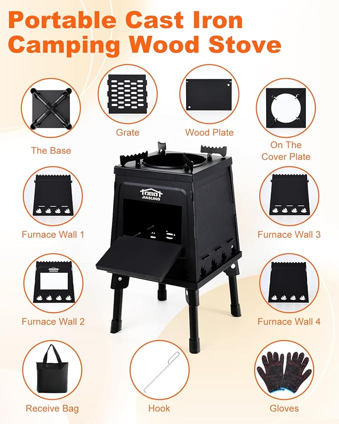 Portable Wood Burning Stove - Lightweight Cast Iron Camp Stove for Backpacking，A Small Size 8.9in * 8.9in * 8.7in Backpacking Camping Stove Kit (Black, Small)