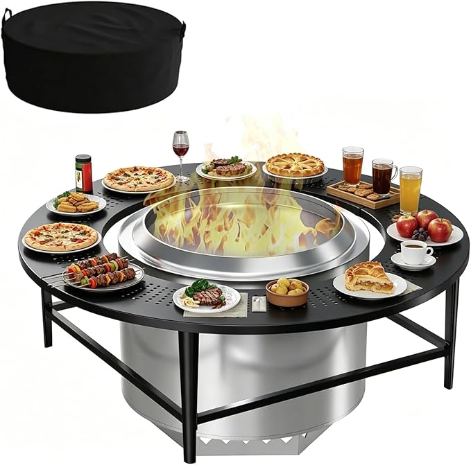 LS'BABQ 45" Fire Pit Surround Tabletop with Waterproof Cover for Solo Stove Yukon & Bonfire, Round Outdoor Fire Pit Table for Most Wood-Burning Stoves Under 28.5" Dia for Camping, Powder-Coated Steel