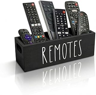 Remote Control Holder, Farmhouse Remote Storage Caddy, Bedside TV Controller Box, Rustic Wood Media Organizer Tray for Home Bedroom Table (Black)